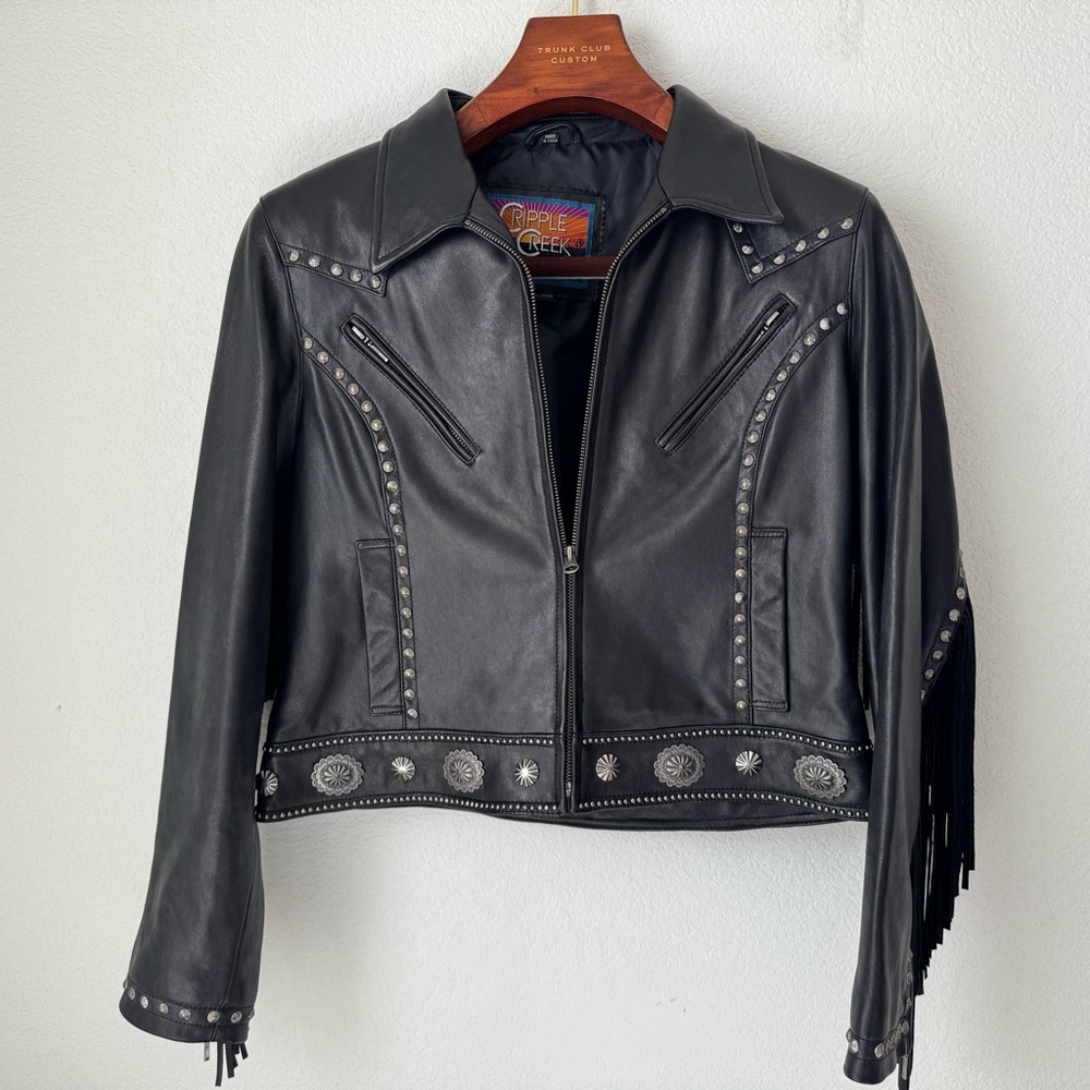 Vintage Black Leather Jacket with fringe and western concho Accents